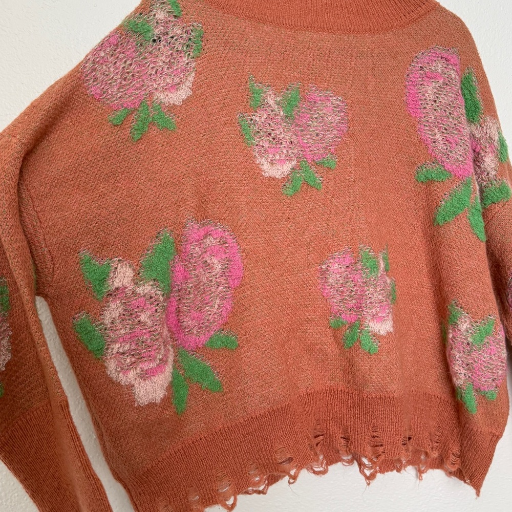 Anthropologie Drop Shoulder Floral Rose V-Neck Sweater - Picture 11 of 14